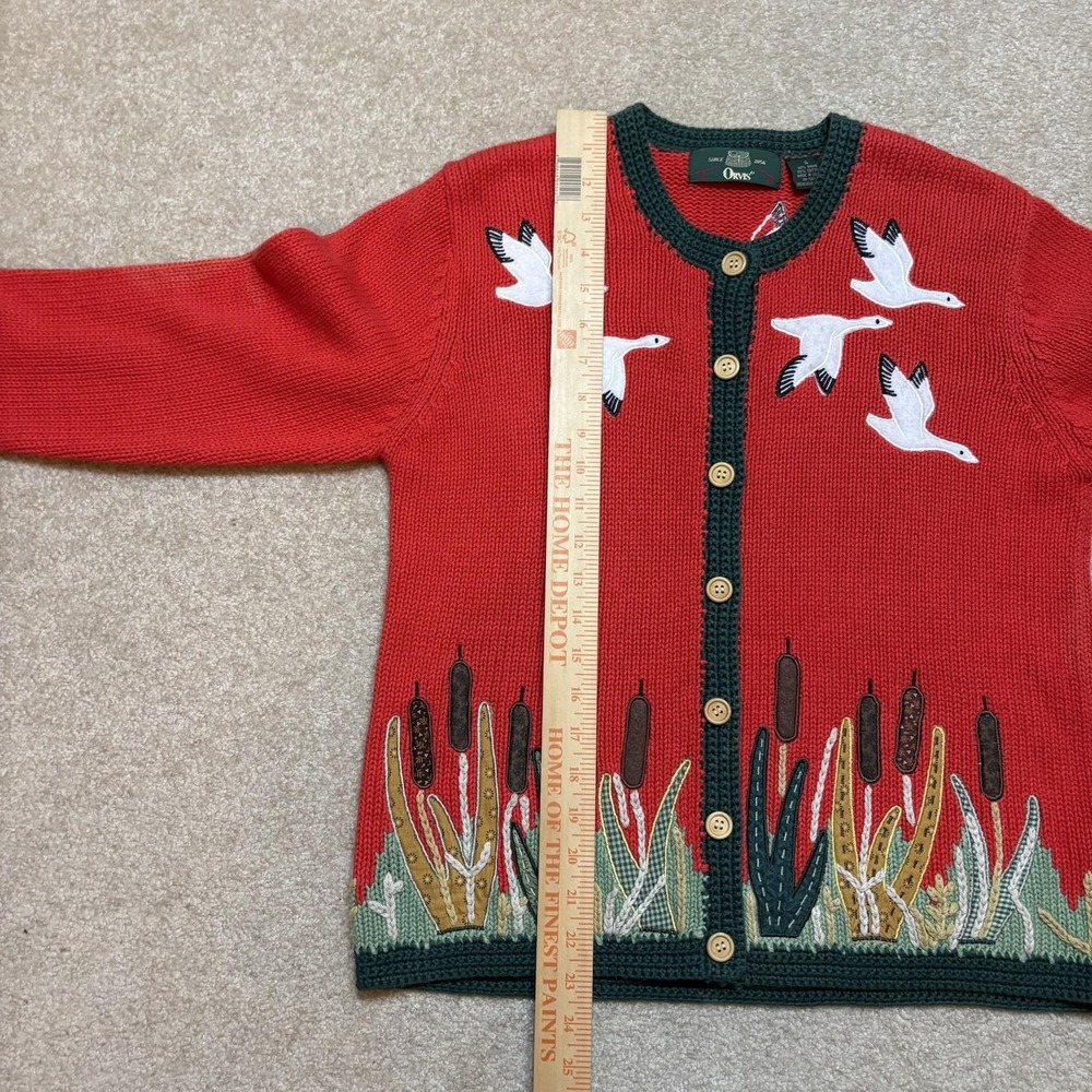 Vtg Orvis Cardigan Sweater Womens Small Red Birds Embroidered Knit Nature 80s - Picture 5 of 9